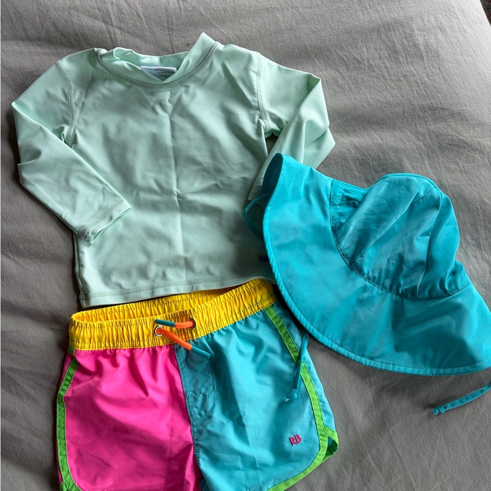 NWOT- Ruffle Butts Mint, Pink, and Aqua Swim Rashguard Set